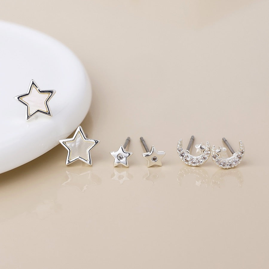 POM Silver Plated Stars &amp; Moon Triple Stud Set