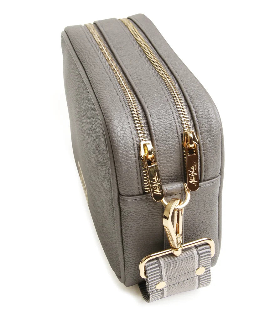 Alice Wheeler Slate Grey Soho Double Zipped Crossbody Bag with Stripe Bag Strap