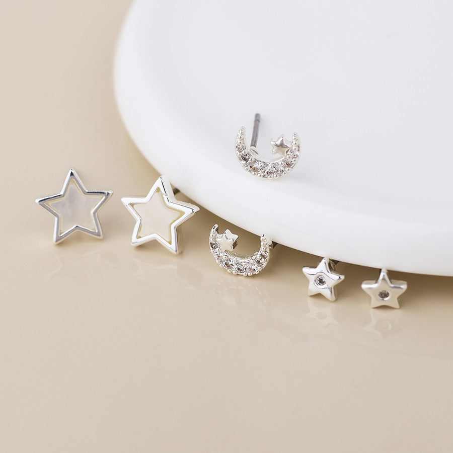 POM Silver Plated Stars &amp; Moon Triple Stud Set