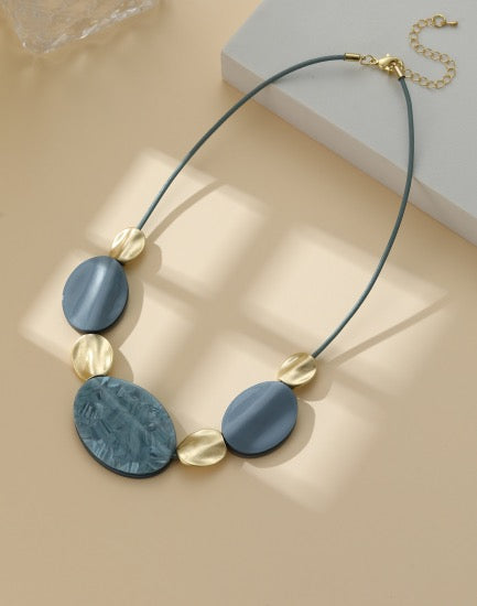 Gracee Jewellery Statement Blue Acrylic & Matt Gold Cord Necklace -Gold/Blue