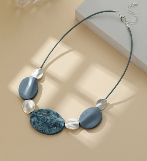 Gracee Jewellery Statement Blue Acrylic & Matt Silver Cord Necklace -Silver/Blue