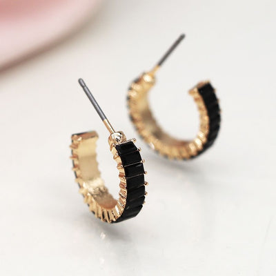 POM Faux Gold Plated Black Oblong Crystal Hoop Earrings