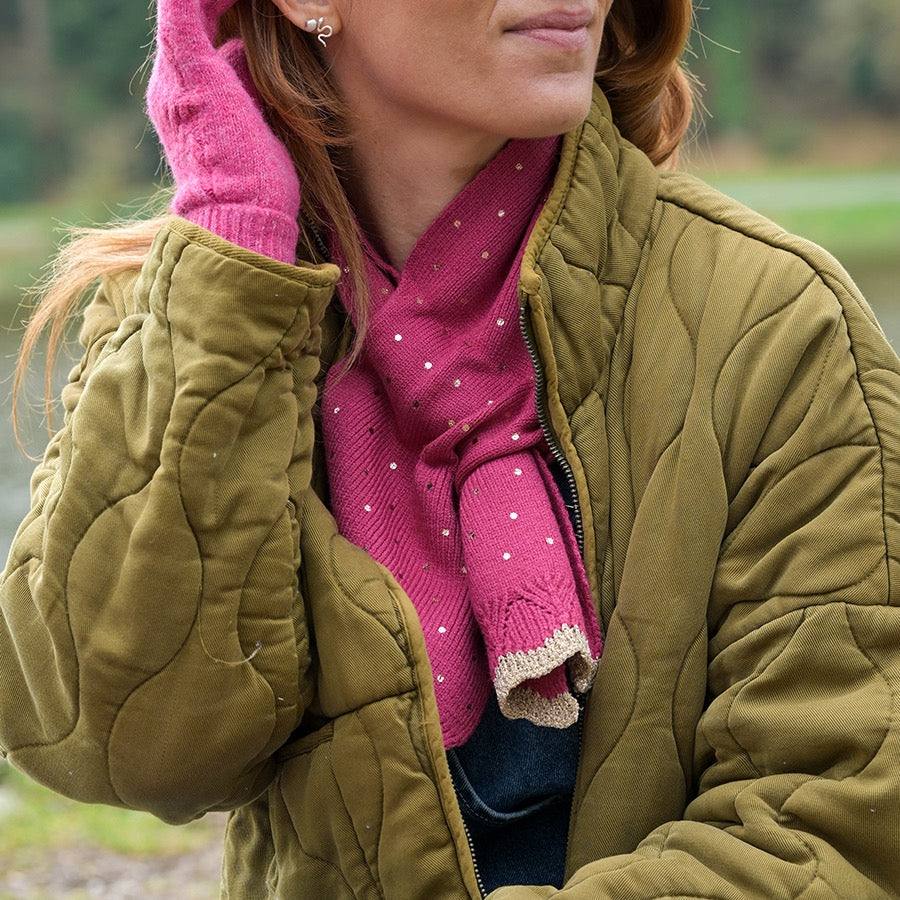 POM - Yasmin - Bright Pink Metallic Spot - Knit Pull Through Crossover Scarf
