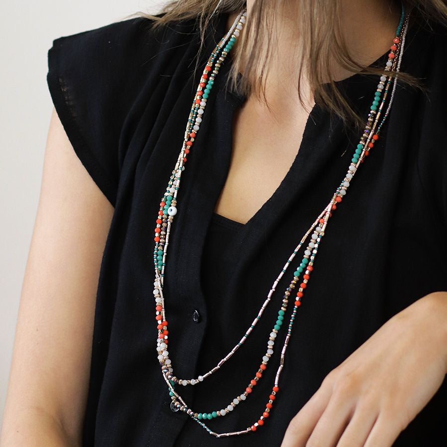 POM Boho Multi Strand Long Beaded Necklace -Coral/Turquoise/Gold