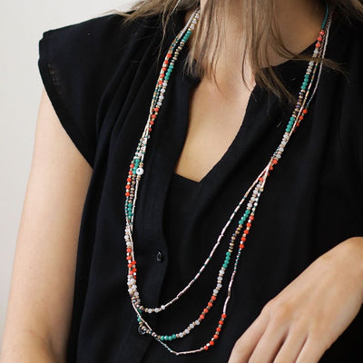 POM Boho Multi Strand Long Beaded Necklace -Coral/Turquoise/Gold