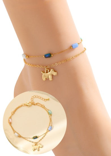 Gracee Jewellery Anklet - Multi-Coloured Bead Double Strand Gold Chain & Dog Charm