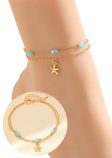 Gracee Jewellery Anklet - Turquoise Bead & Starfish Charm Double Strand Gold Chain