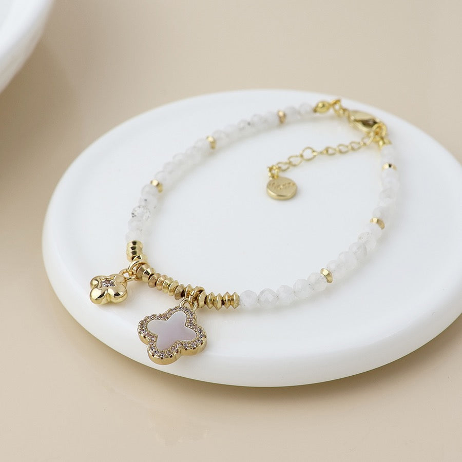POM Faux Gold &amp; White Beaded Bracelet with MOP &amp; Quatrefoil Charms