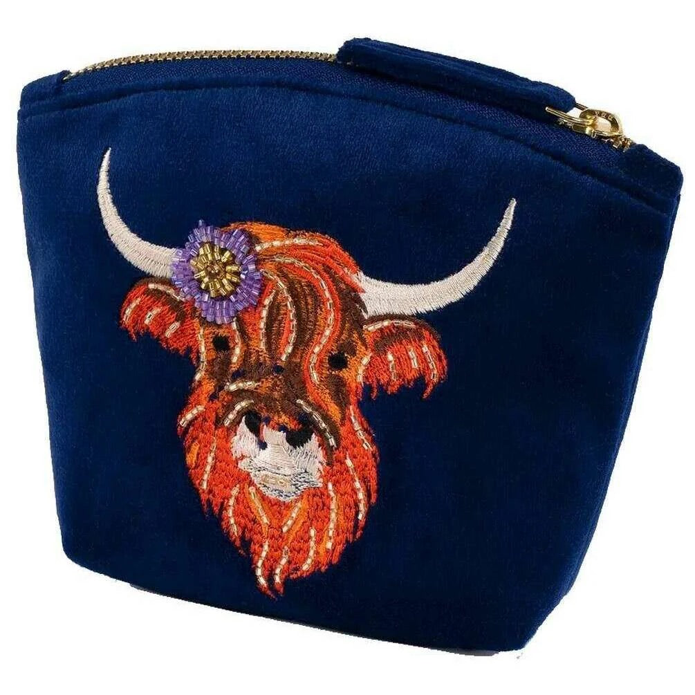 Powder Velvet Mini Tapered Zip Pouch - Highland Cow - Navy