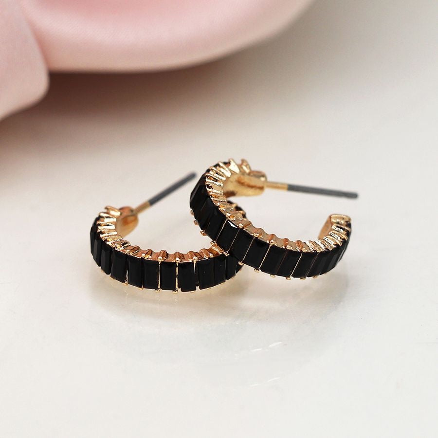 POM Faux Gold Plated Black Oblong Crystal Hoop Earrings