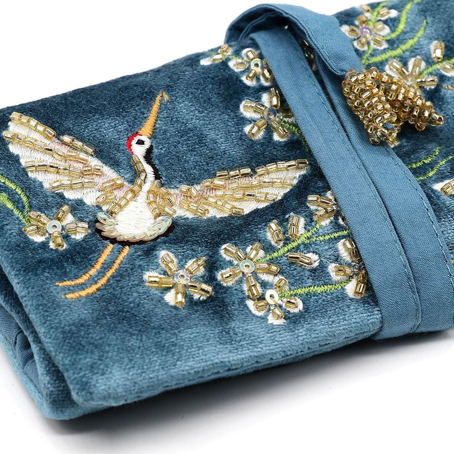 POM Mid-Blue Flying Cranes &amp; Florals Velvet Embroidered Jewellery Roll