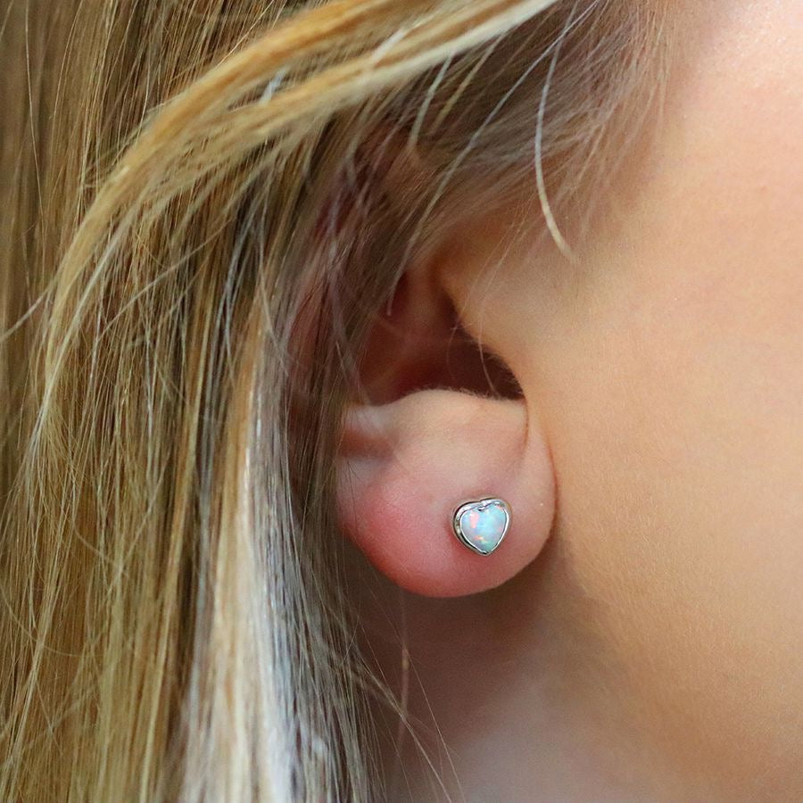 POM Sterling Silver Small Heart Opal Stud Earrings