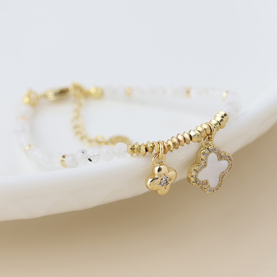 POM Faux Gold &amp; White Beaded Bracelet with MOP &amp; Quatrefoil Charms