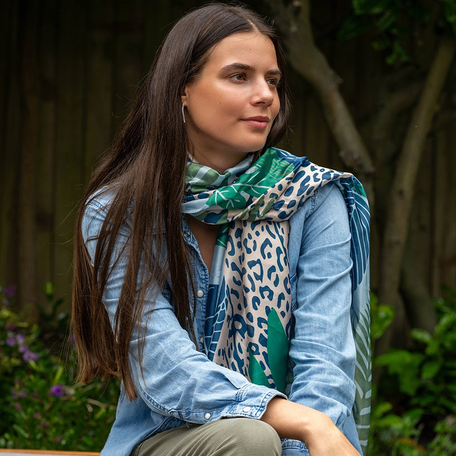POM Blue Mix Palm Leaf/Leopard Print Silky Scarf