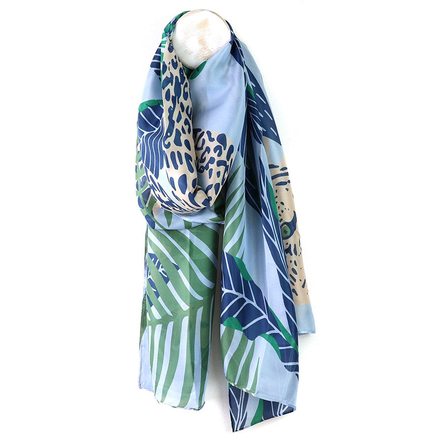 POM Blue Mix Palm Leaf/Leopard Print Silky Scarf