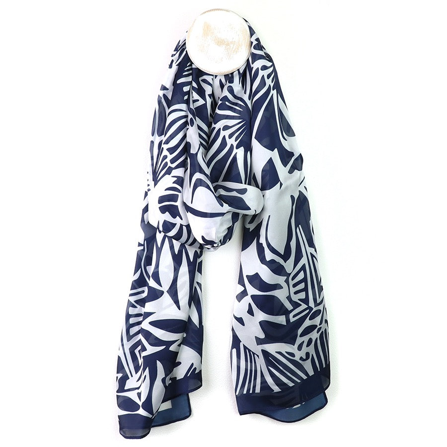 POM Navy &amp; White Abstract Tropical Print Silky Scarf