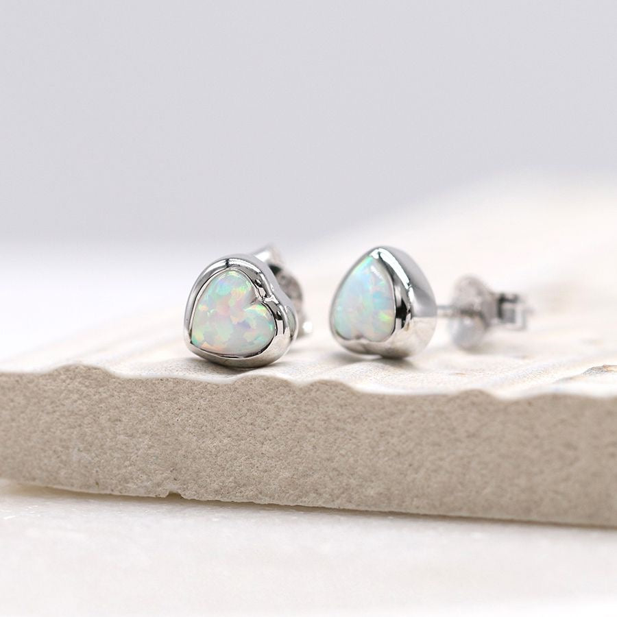 POM Sterling Silver Small Heart Opal Stud Earrings