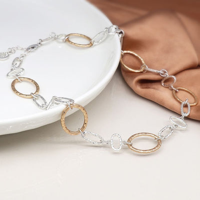 POM Silver Plated & Faux Gold Hammered Linked Hoops Bracelet Necklace