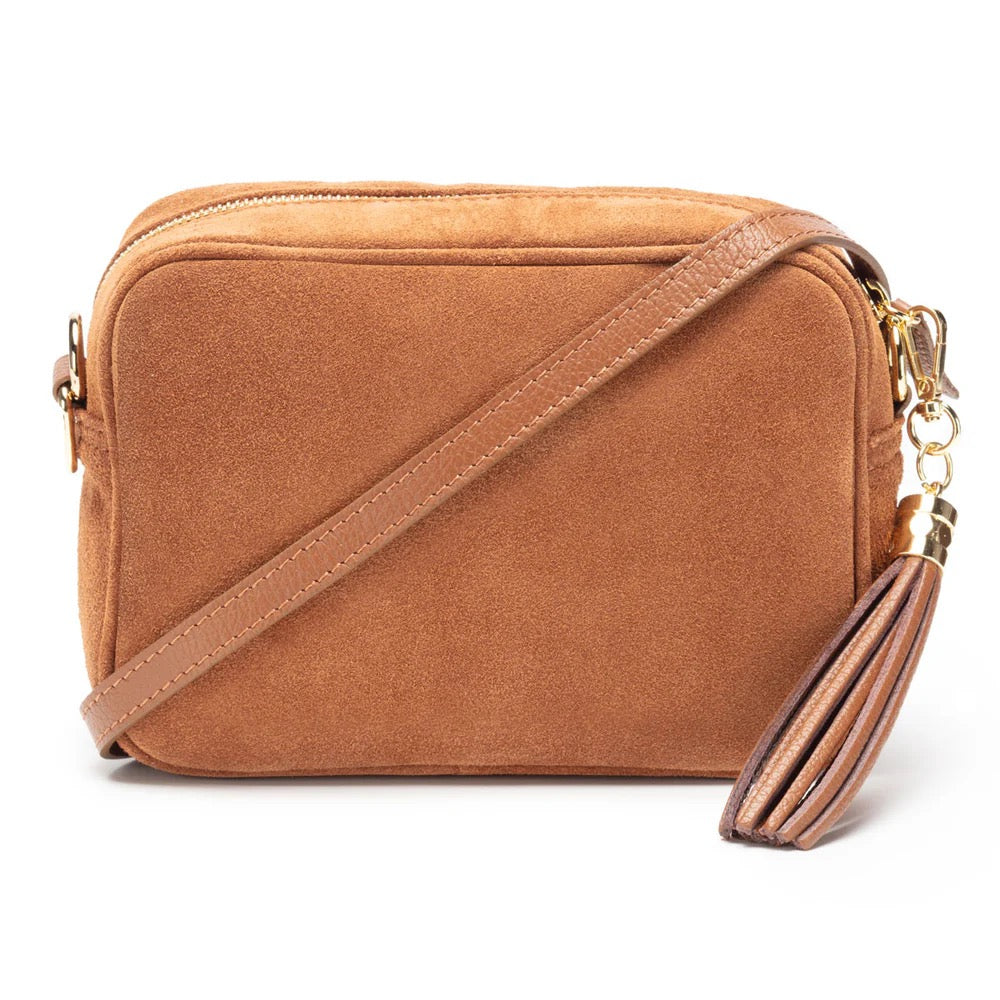 Elie Beaumont Designer Leather Crossbody Bag - SUEDE - Tan (GOLD Fittings)