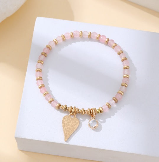 Gracee Jewellery Pale Pink Beaded Bracelet with Golden Heart & Diamante Charm