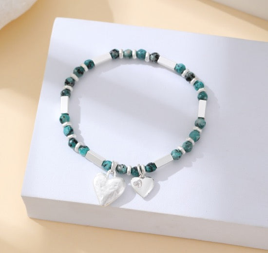 Gracee Jewellery Mottled Turquoise Beaded Bracelet with 2 Silver Heart Charms