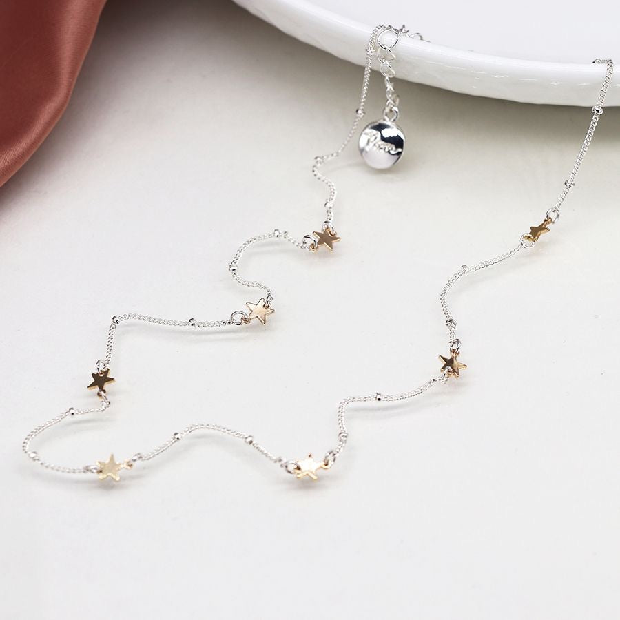 POM Silver Plated Station Chain & Faux Gold Stars Necklace