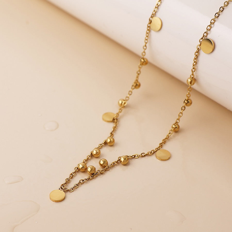 POM WATERPROOF - Gold Plated Stainless Steel Disc &amp; Round Beaded Charm Dainty Necklace