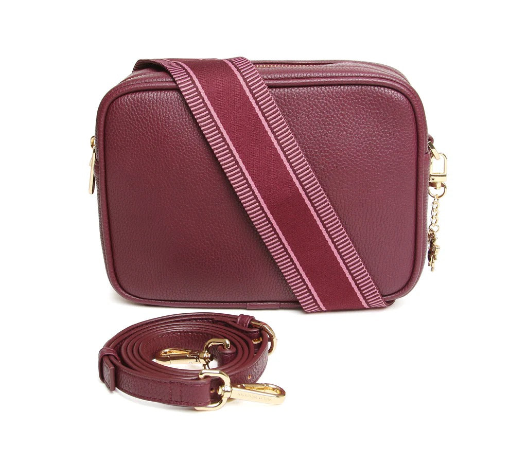 Alice Wheeler Fig Soho Double Zipped Crossbody Bag with Stripe Bag Strap