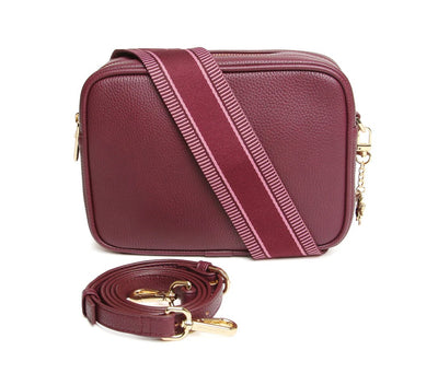 Alice Wheeler Fig Soho Double Zipped Crossbody Bag with Stripe Bag Strap