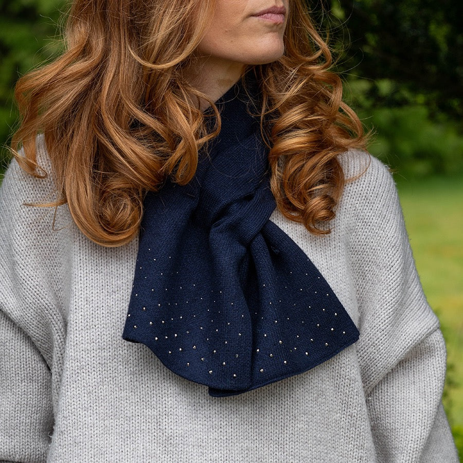 POM Deep Navy Pull Through Crossover Scarf With Studded Diamanté