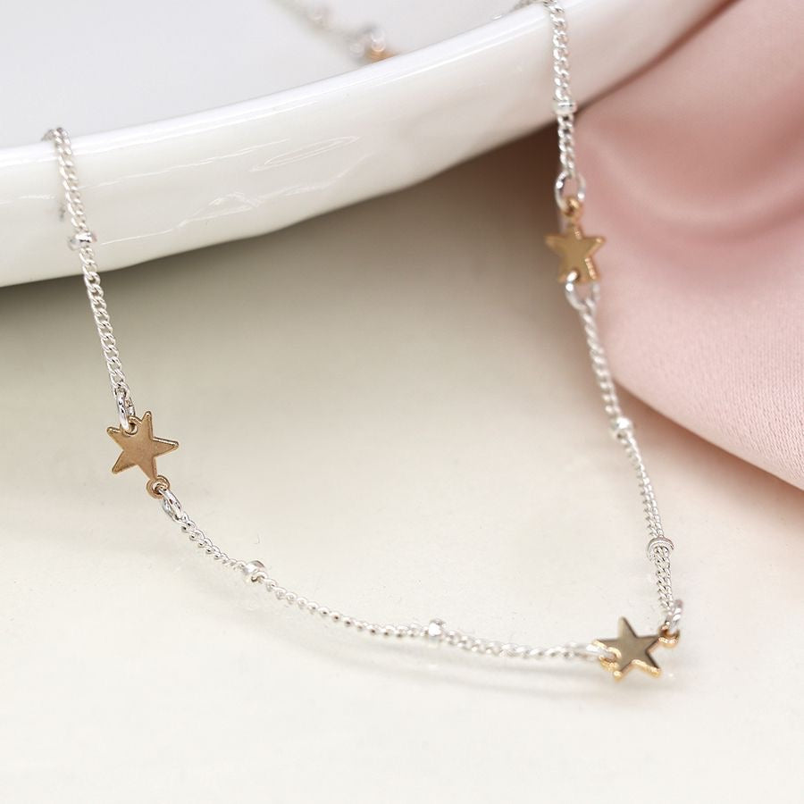 POM Silver Plated Station Chain & Faux Gold Stars Necklace