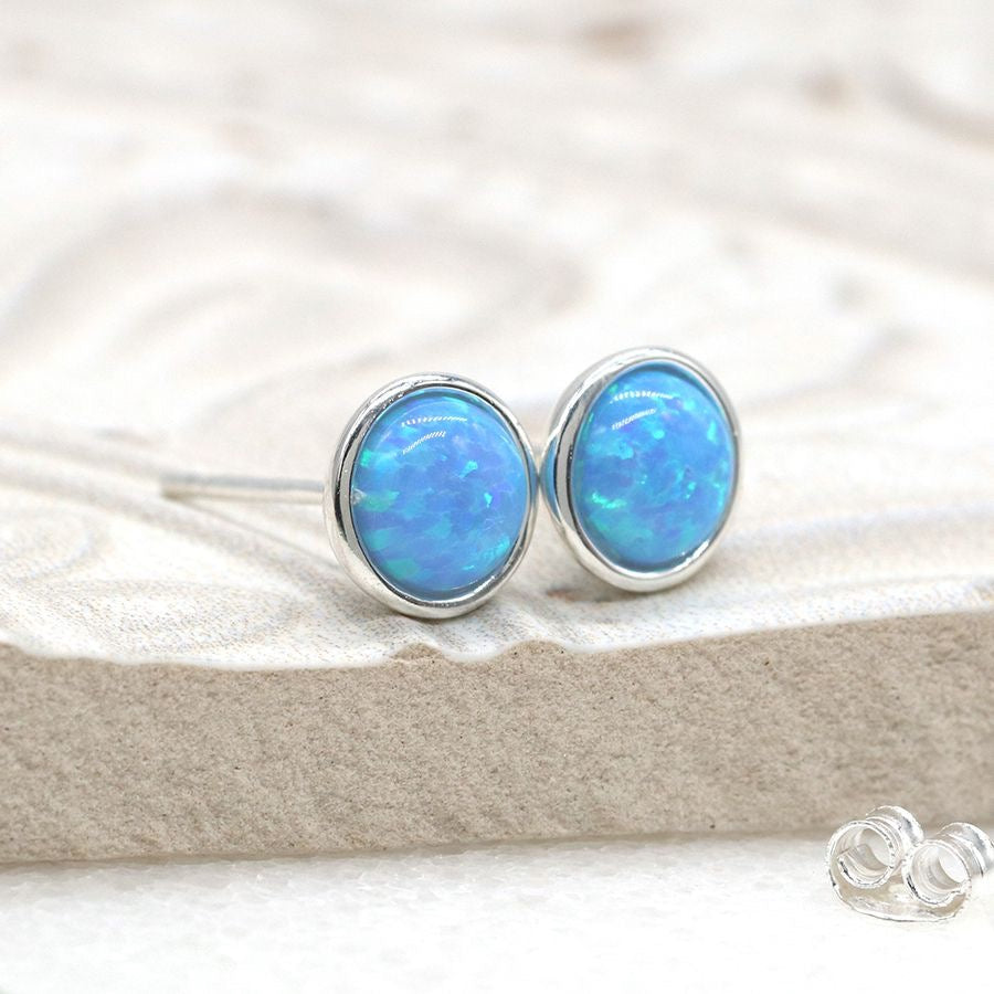 POM Sterling Silver Round Blue Opal Stud Earrings