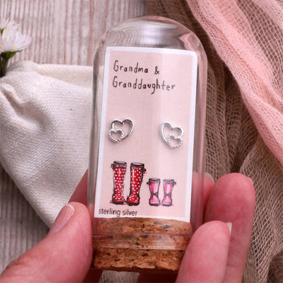 Grandma & Granddaughter - Message in a Bottle - Two Hearts Stud Earrings - Sterling Silver