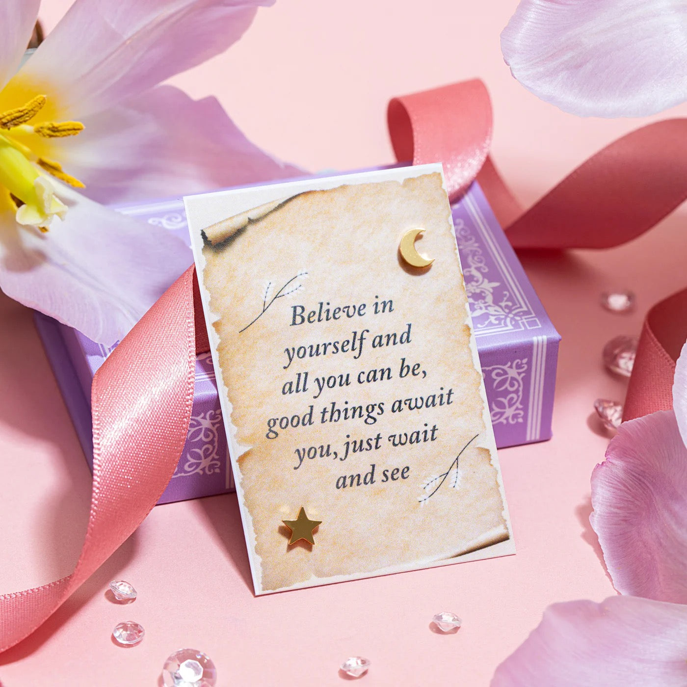 Believe In Yourself - Moon & Star Gold Stud Earrings - Enchanted Earring Book