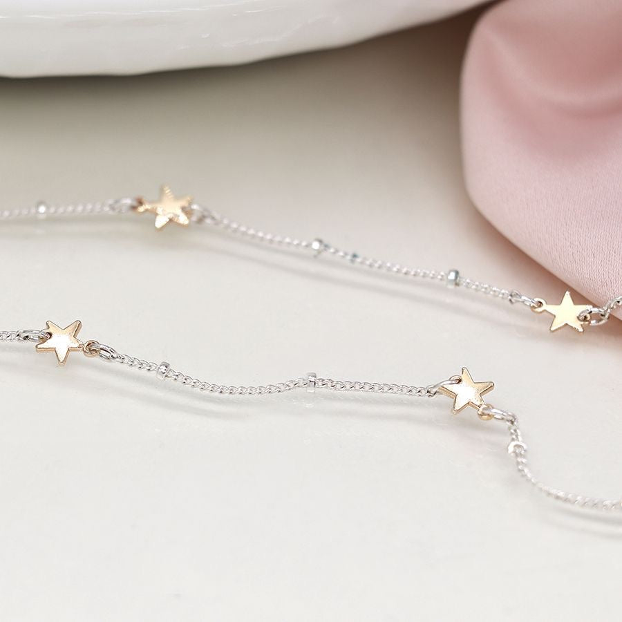 POM Silver Plated Station Chain & Faux Gold Stars Necklace