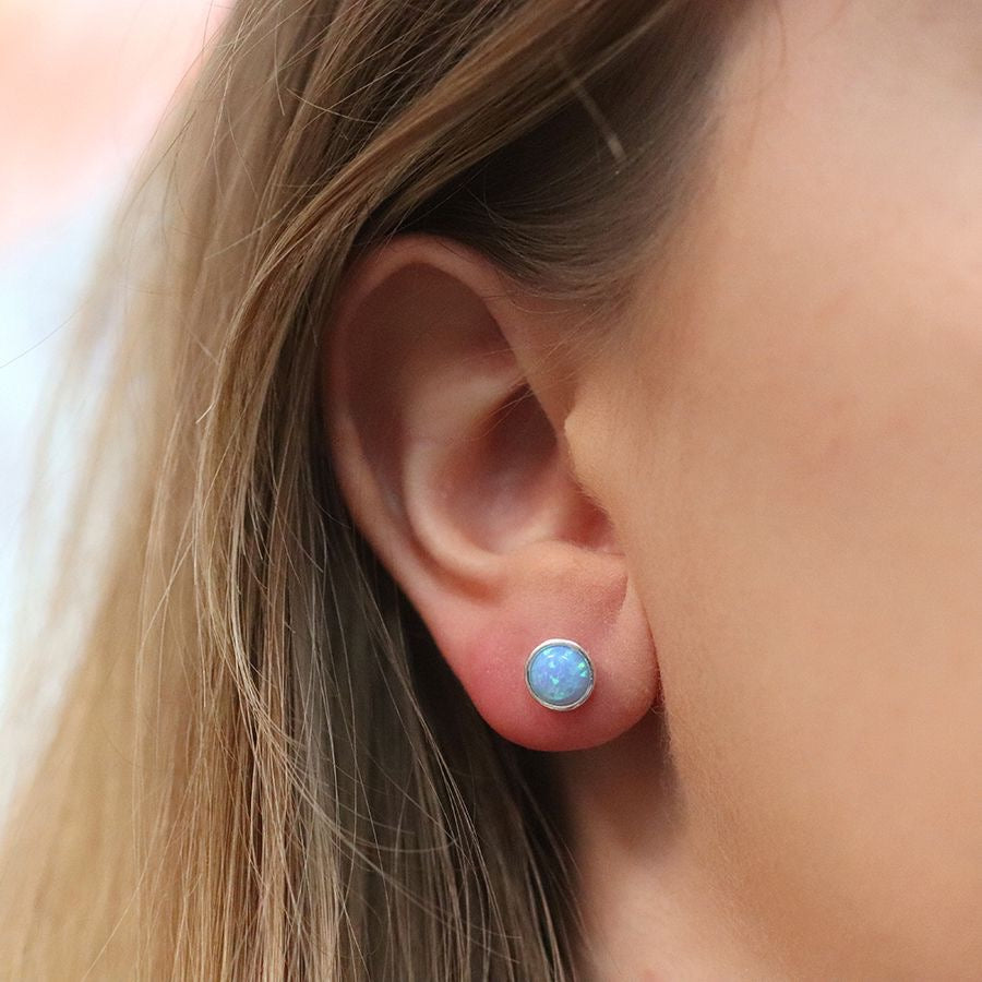 POM Sterling Silver Round Blue Opal Stud Earrings