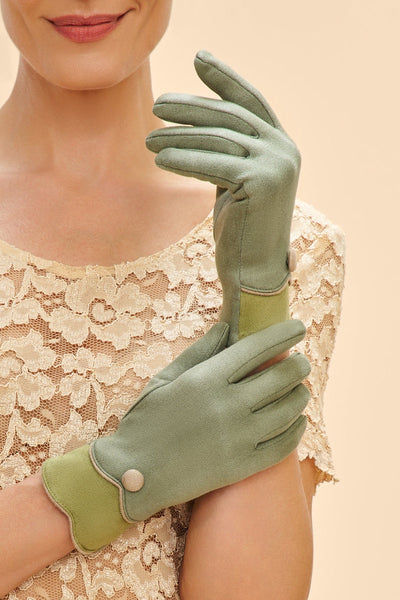 Powder Pandora Faux Suede Button Gloves - Sage Green