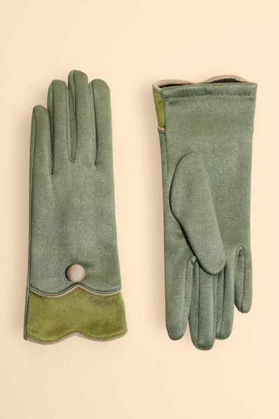 Powder Pandora Faux Suede Button Gloves - Sage Green