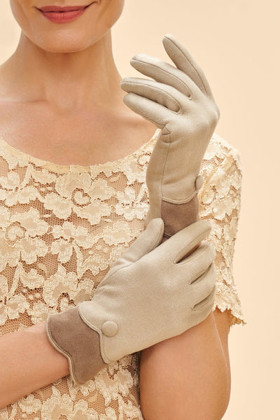 Powder Pandora Faux Suede Button Gloves - Cream/Taupe