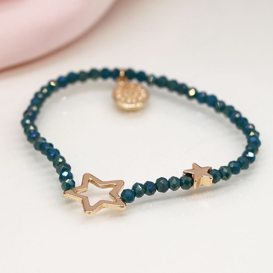 POM Dusky Blue Beaded Stretch Bracelet with Faux Gold Solid & Open Stars