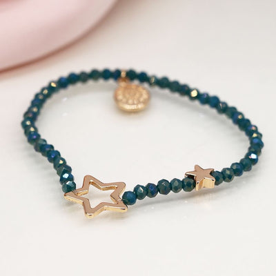 POM Dusky Blue Beaded Stretch Bracelet with Faux Gold Solid & Open Stars