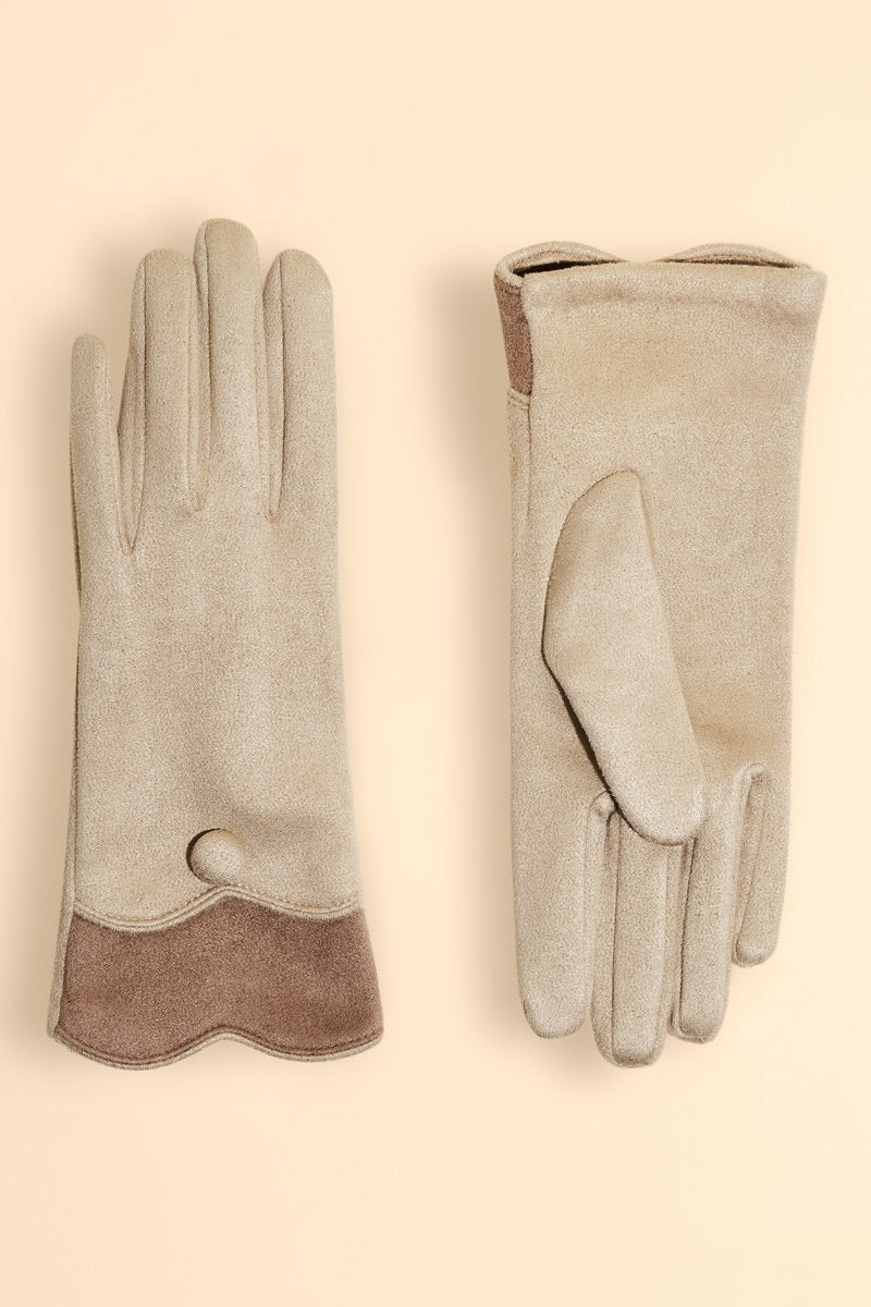 Powder Pandora Faux Suede Button Gloves - Cream/Taupe