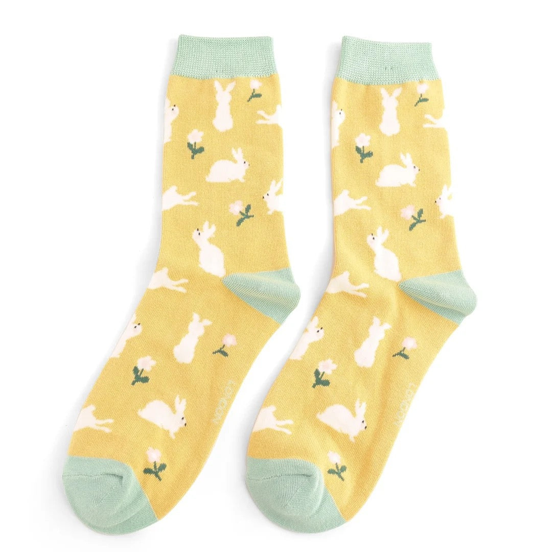 Miss Sparrow Bamboo Ankle Socks - Bunnies & Daisies - Light Yellow