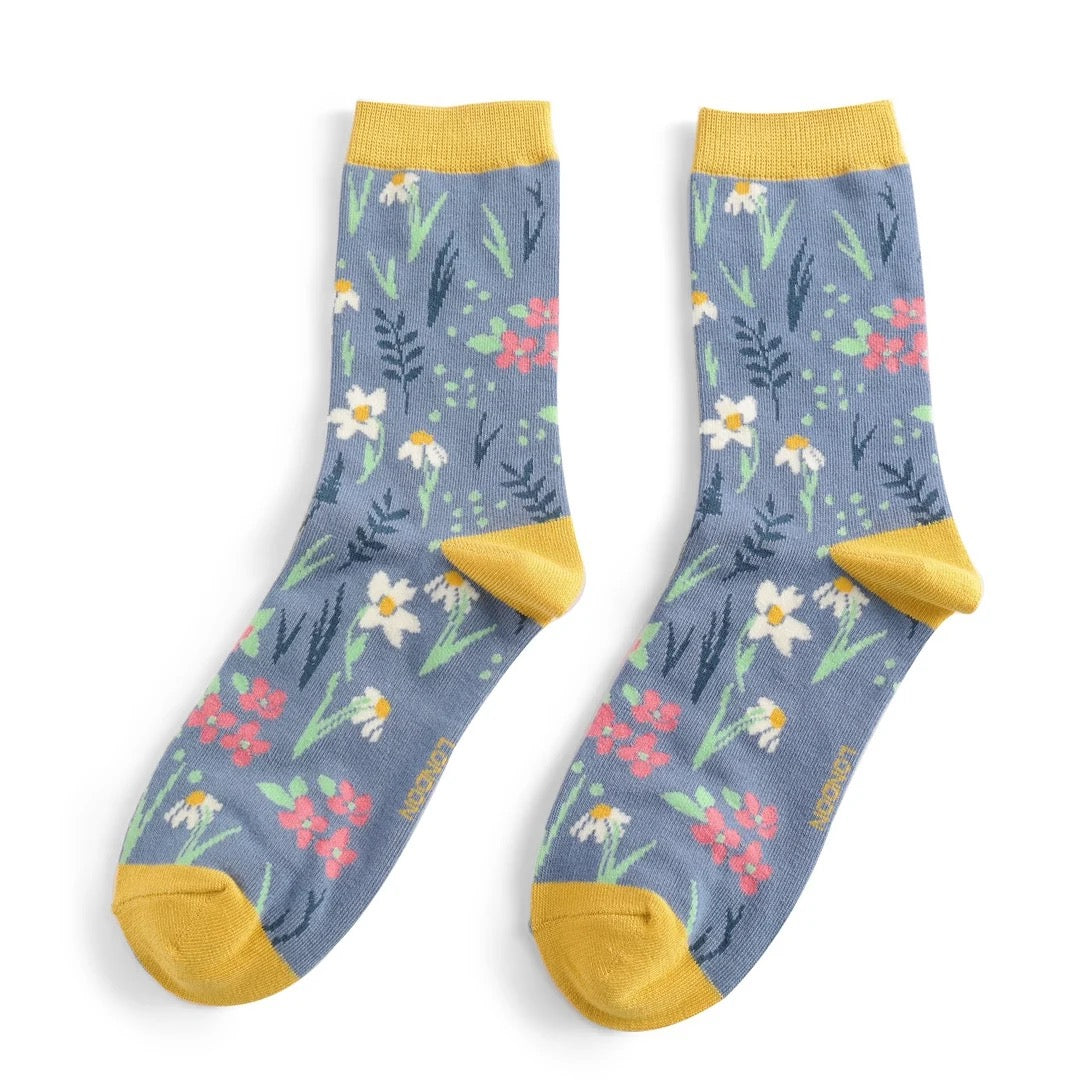 Miss Sparrow Bamboo Ankle Socks - Meadow Floral - Denim Blue