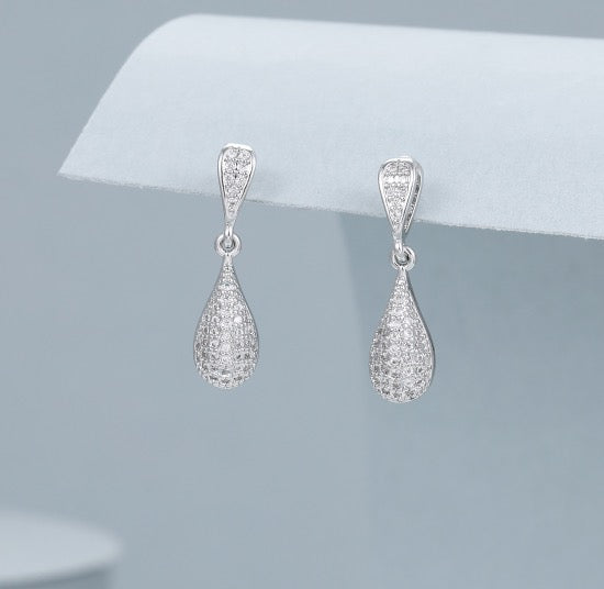 Gracee Jewellery Double Teardrop Pave Crystal Drop Earrings -Silver