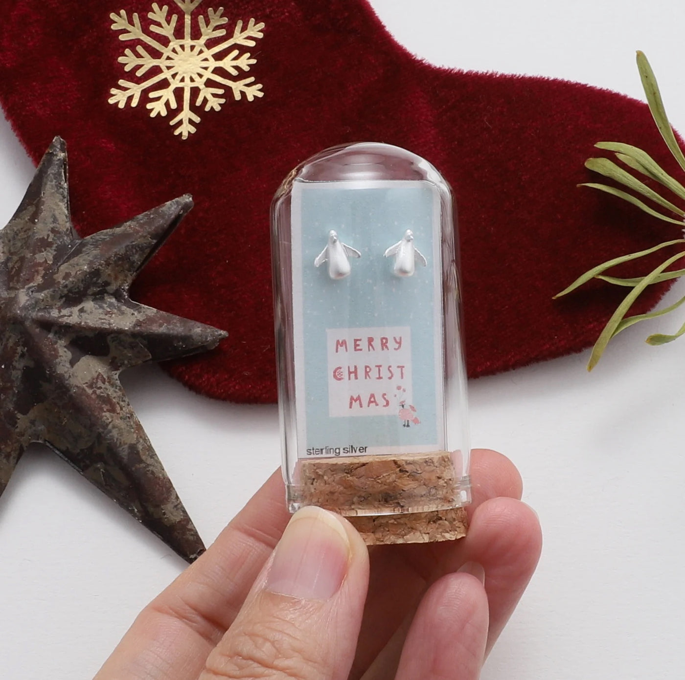 Merry Christmas -Terranium Bottle - Silver Penguin Stud Earrings- Sterling Silver