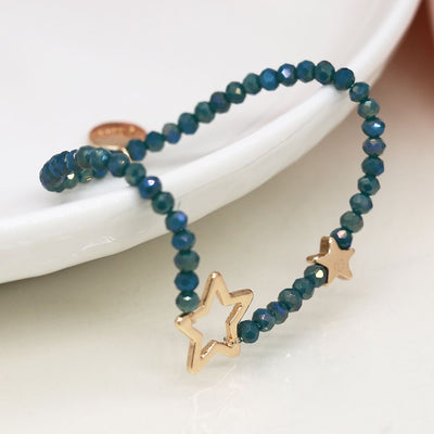 POM Dusky Blue Beaded Stretch Bracelet with Faux Gold Solid & Open Stars