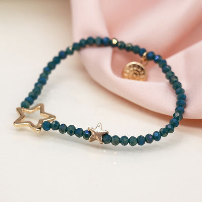 POM Dusky Blue Beaded Stretch Bracelet with Faux Gold Solid & Open Stars