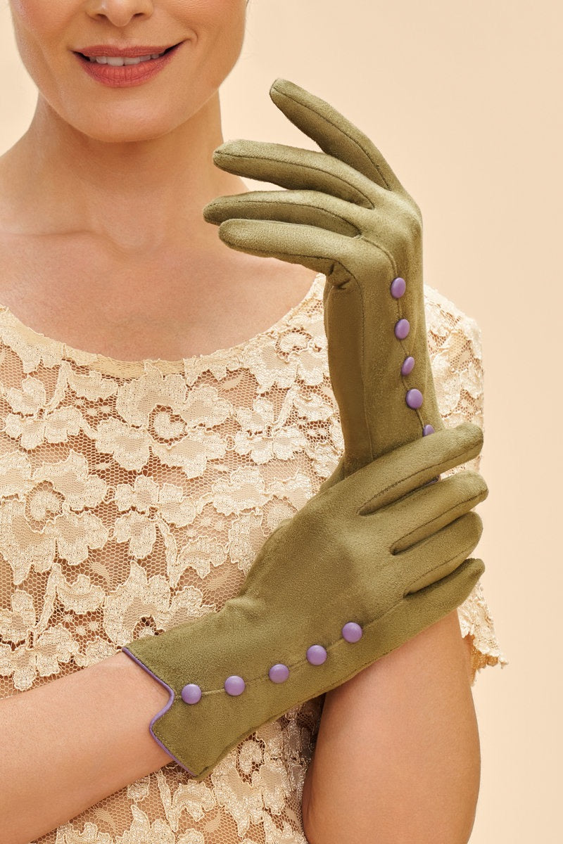 Powder Beatrice Faux Suede Multi Button Gloves - Sage Green