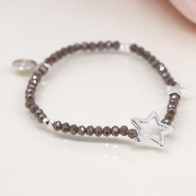 POM Grey Beaded Stretch Bracelet with Silver Plated Solid & Open Stars